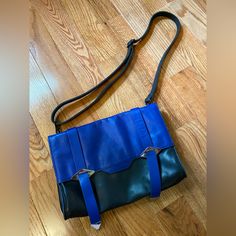 Appears Unused. Great Bold Color Block Look Measured In Photos Chic Blue Leather Flap Bag, Chic Blue Flap Bag For Everyday Use, Modern Blue Leather Flap Bag, Blue Shoulder Bag With Adjustable Strap For Evening, Evening Blue Shoulder Bag With Adjustable Strap, Blue Evening Shoulder Bag With Adjustable Strap, Everyday Blue Leather Flap Bag, Blue Office Bag With Hasp Closure, Blue Leather Flap Bag With Detachable Strap