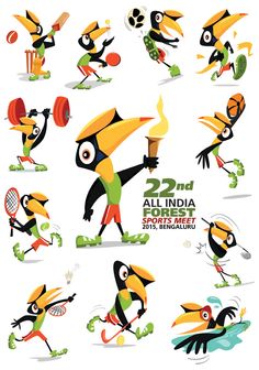 cartoon birds with different sports equipment and numbers on their faces, all in various poses