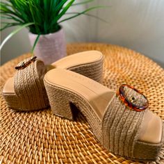 Tan Gianni Bini. Size 6 1/2. New. Never Worn! Great For Summer Vacation! Chic Straw High Heels, Chic Slip-on Heels With Woven Sole, Elegant Slip-on Heels For Vacation, Chic Closed Toe Straw Heels, Chic Slip-on Heels For Vacation, Chic Straw Heels With Closed Toe, Trendy Straw Heels With Round Toe, Chic Closed Toe Heels For Vacation, Brown Straw Heels With Round Toe