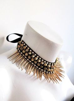 Gold Studded Necklace Spiked Collar Piece Gothic Neck | Etsy Punk Spikes Choker For Party, Punk Spiked Choker For Parties, Edgy Spiked Choker For Party, Party Choker With Spikes, Silver Studs Jewelry For Party, Silver Stud Jewelry For Parties, Edgy Spiked Jewelry For Parties, Edgy Gold Jewelry For Festivals, Embellished Gold Jewelry For Festival