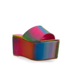 Vegan patent leather upper with man made sole. Perfect summer platforms featuring a colorful holographic material! Slip on styling. Heel measures at approx 3.75" H and platform is 2.5"H. Holographic Material, Lemon Drop, Best Love, Summer Season, Perfect Summer, Summer Looks, Patent Leather, Leather Upper, Slip On