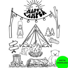 a camping scene with campfire, tent and bear in the woods coloring page for kids