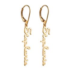 Fashioned of Gold over Sterling, this pair of gorgeous dangling earrings are an exciting way to show off signature style. Personalize with a name 3-10 letters long to create a remarkable gift she'll absolutely love! Size: one size.  Gender: female.  Age Group: adult. Elegant Personalized Earrings, Personalized Dangle Hoop Earrings For Gifts, Elegant Personalized Adjustable Earrings, Personalized Gold Dangle Earrings, Personalized Gold Earrings, Cheap Personalized Women's Hoop Earrings, Personalized Yellow Gold Dangle Earrings, Custom Name Metal Earrings For Gift, Cheap Custom Name Hoop Earrings For Gift