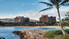 a beach with palm trees and hotels in the background on a sunny day, surrounded by rocky shoreline