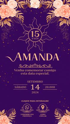 an elegant purple and gold wedding card with roses on it, the words ananda written in