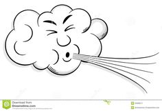 a cartoon cloud blowing in the wind with its eyes open and tongue out, black and white