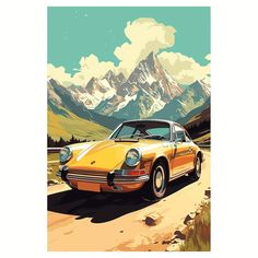 a painting of a yellow car driving down a dirt road in front of mountains and clouds