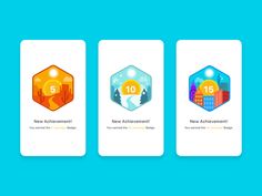 three cards with numbers and icons for the new year's eve achievement program, on a blue background