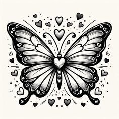 a black and white drawing of a butterfly with hearts on it's wings, in the shape of a heart