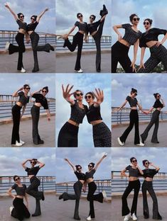 several photos of two women dancing together in different poses and posing for the camera with their hands up