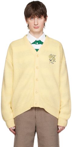 Rib knit acrylic- and nylon-blend cardigan. · Y-neck · Button closure · Floral graphic embroidered at chest Supplier color: Light yellow Yellow Cardigan Outfits, Green Cardigan Outfit, Pastel Cardigan, Outfit Reference, Mens 90s, Yellow Cardigan, Yellow Outfit, Floral Graphic, Embroidered Cardigan