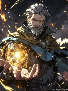 an anime character holding a glowing ball in his hand with flames coming out of it