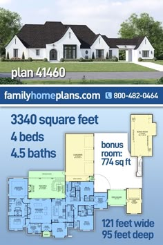 two story house plan with 3 beds, 4 baths and 5 bathrooms in the front