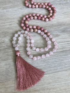 Higher Love ~ Rhodochrosite, Rose Quartz & Snow Quartz Mala ~ 108 Bead, Hand Knotted Tassel Necklace, Meditation Beads Snow Quartz, Beaded Tassel Necklace, Chakra Jewelry, Long Beaded Necklace