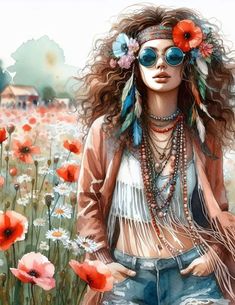 a painting of a woman with sunglasses and flowers in her hair, standing in a field full of poppies