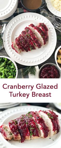 cranberry glazed turkey breast on a white plate