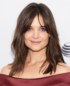 Katie Holmes Celebrity Bangs, Layered Lob, Hair Spring, Side Bangs Hairstyles, Bronde Hair, Long Bangs, Curly Hair With Bangs, Trending Hairstyles