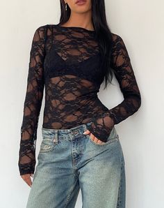 Black Abstract Lace Backless Long Sleeve Top | Grizelda – motelrocks-com-us Black Lace Long Sleeve Top Outfits, Y2k Lace Top, Backless Long Sleeve Top, Jean Model, Cropped Tee Shirt, Model Outfit, Looks Party, Streetwear Tops, Slim Fit Top