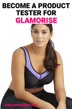 a woman in black and purple bra top with text that reads, become a product tester for glamorise