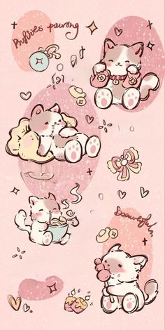 an image of hello kitty stickers on a pink background with hearts and other items