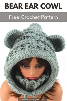 a woman wearing a knitted bear hat with the text, free crochet pattern