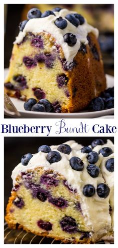 blueberry bundt cake with white frosting and fresh blueberries on top