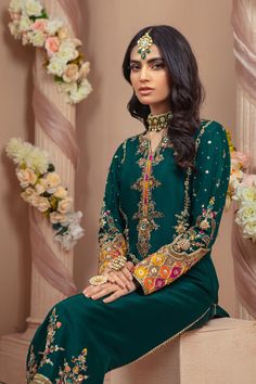 Laana | Pakistani Designer Outfit | Sarosh Salman Green Velvet Shirt, Wedding Dress Shawl, Gharara Designs, Dress Pakistani, Shadi Dresses, Colorful Florals, Silk Pant, Pakistani Style, Wedding Festivities