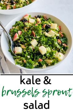 kale and brussels sprout salad with apples in a white bowl on a table