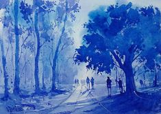 watercolor painting of people walking in the woods