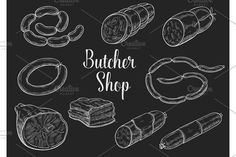 hand drawn butcher shop items on the blackboard with chalk drawing style, including sausages and