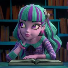 an animated character is reading a book in front of bookshelves