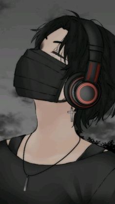 a woman with headphones on her face in front of the night sky and clouds