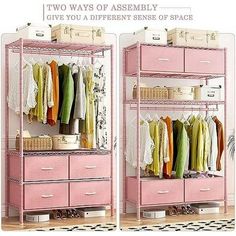 two pink closets with clothes hanging on them