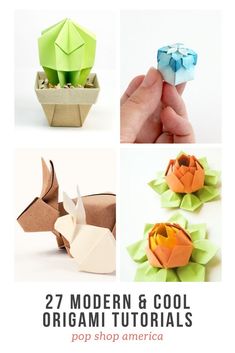 origami models and instructions to make them look like flowers with paper in the shape of animals