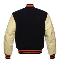 Tailored Wool Varsity Jacket For Fall, Leather Outerwear With Contrast Collar, Classic Varsity Jacket With Button Closure, Long Sleeve Varsity Jacket With Padded Collar For Fall, Leather Jacket With Contrast Collar For Streetwear, Winter Leather Jacket With Contrast Collar And Long Sleeves, Brown Varsity Jacket With Ribbed Cuffs, Classic Fitted Varsity Jacket For Winter, Fitted Wool Varsity Jacket For Winter