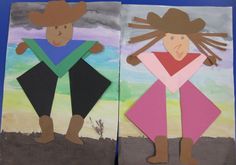 two children's paper cut outs with the same person on them, one is wearing a cowboy hat