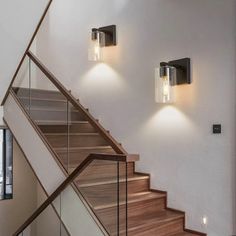 a stair case with two lights on each side