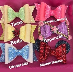 several different types of bow ties on a pink background with words describing the names of them