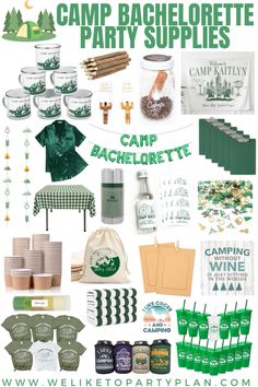 the camping party supplies are arranged in green, white and black colors with text that reads camp bachelor parties