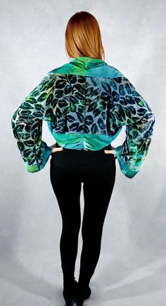 Devore Velvet Shrug/Cropped Jacket in Turquoise and Emerald Fitted Turquoise Top For Fall, Fitted Turquoise Tops For Fall, Fitted Turquoise Long Sleeve Tops, Turquoise Long Sleeve Tops For Fall, Long Sleeve Turquoise Tops For Fall, Velvet Shrug, Womens Jackets, Painted Silk, Hand Painted Silk