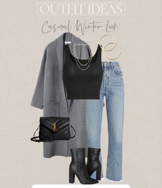 Ysl Toy Loulou Bag Outfit, Black Booties Outfit, Outfits With Grey Cardigan, Grey Jeans Outfit, Outfit Ideas Christmas, Night Outfits Winter, Casual Winter Outfit, Trendy Outfit Inspo, Ny Outfits