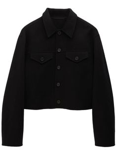 black merino wool-cashmere blend brushed finish classic collar front button fastening drop shoulder long sleeves two chest flap pockets straight hem cropped unlined Aviator Jackets, Cropped Denim Jacket, Oversized Jacket, Brown Leather Jacket, Cropped Jacket, Long Sleeves Jacket, Airport Outfit, Workout Jacket, Cropped Denim