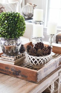 a tray with pine cones, candles and other decorations on it is featured in this post