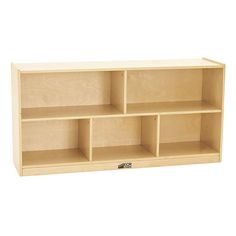 a wooden shelf with three compartments on one side and two open shelves on the other