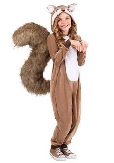 You might go a little nuts for this exclusive Scampering Squirrel Costume for Children! The unisex jumpsuit zips up the front and is made of soft brown polyester velour fabric. A white velour inset is sewn over the torso. Dark brown rib knit fabric circles the wrist and ankle openings. A giant, fiberfill-stuffed tail made of brown faux fur is securely attached to the back of the jumpsuit. Its hood is decorated with faux-fur-backed ears as well as embroidered and appliqued facial features. Squirrel Costume, Fox Costume, Onesie Costumes, Squirrel Girl, Animal Costumes, Cute Squirrel, Cute Costumes, Kids Items, Cool Costumes