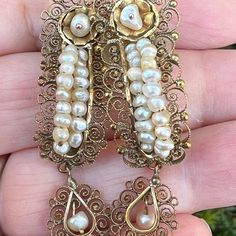 These Unique Handmade One Of A Kind Pearl Earrings Belonged To My Husbands Great Grandmother. She Came To Nyc From Izmir, Turkey ( Than Smirna) In 1901 And Brought Some Jewelry With Her. While I Am Unsure If The Provenance Of The Earrings Is Ottoman Turkey, We Do Know They Are In Our Family At Least From 1901, When She Got Here, But They Are Definitely Much Older, Could Have Been Her Mothers. Not Stamped, Tested. That Is All I Know About Them. Please Look At All Pictures & Video As Part Of Description. These Are Not For Everyone, They Are Definitely A Collectors Item!!! Please Refrain From Emailing Me You “Knowledge” Or Tutorial And Any Rude Comments Please Keep To Yourself And Simply Mo Gold Pearl, Long Earrings, Unique Earrings, Pearl Earrings, Jewelry Earrings, Women Jewelry, Things To Sell, Gold, Color