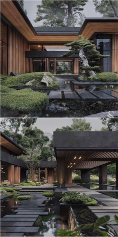 three different views of the outside of a house with trees and water in it,