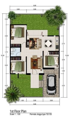 the floor plan for a small house with an open living area and two car garages