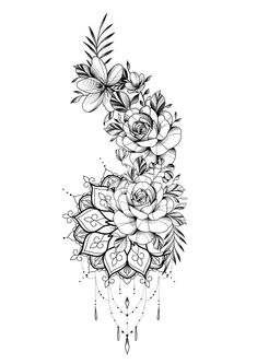 a black and white drawing of flowers with leaves on the bottom half of each flower