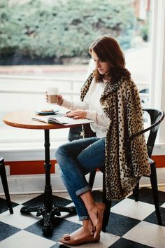 Leopard Coat + Comfy Sweatshirt + Distressed Denim + Bow Flats .... I WANT everything in this outfit! Jungle Fever, Leopard Flats, Leopard Print Top, Brown Pants, Print Trends